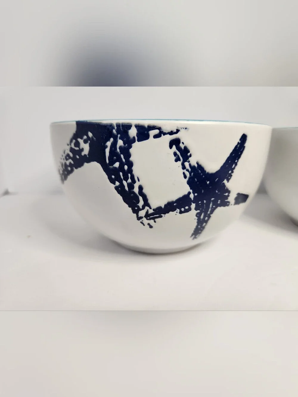 Coastal Ceramic Bowl Pair in White with Blue Interior